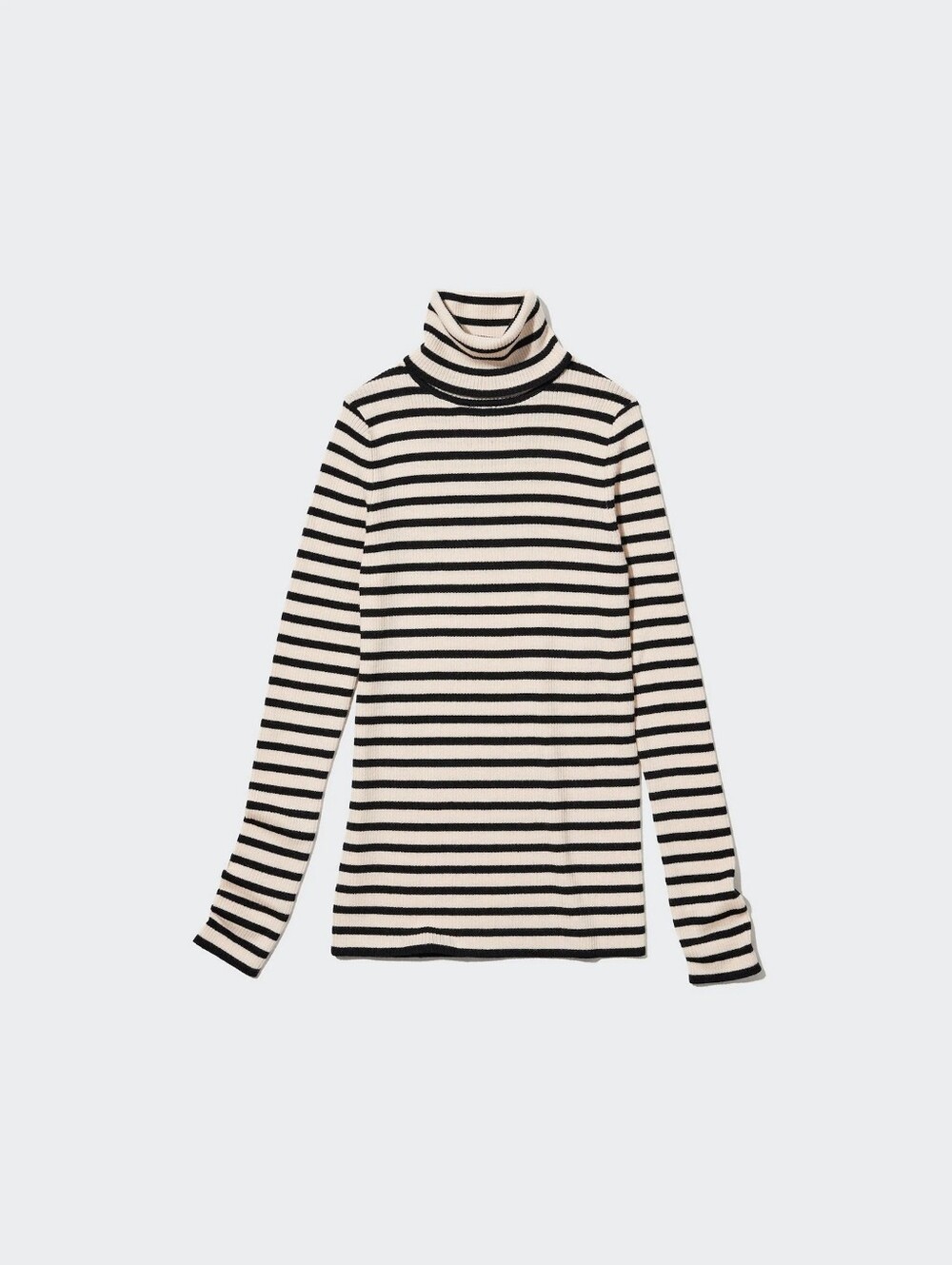 Uniqlo Black and White Striped Minimalist 100% Merino Wool Turtleneck Sweater
